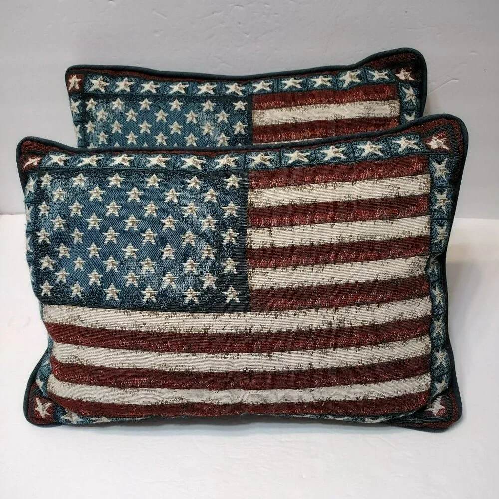 Vintage Tapestry American Flag Accent Pillow, Patriotic July 4th USA